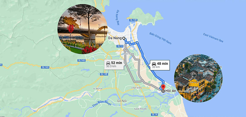 Google Maps를 사용하여 다낭에서 호이안까지의 거리와 택시 비용을 확인하세요.